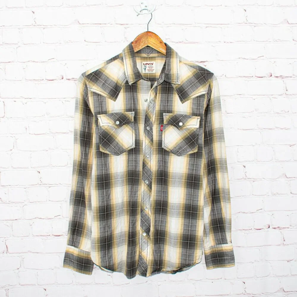Levi's Men's Western Pearl Snap Shirt Gray Beige Plaid Size Small